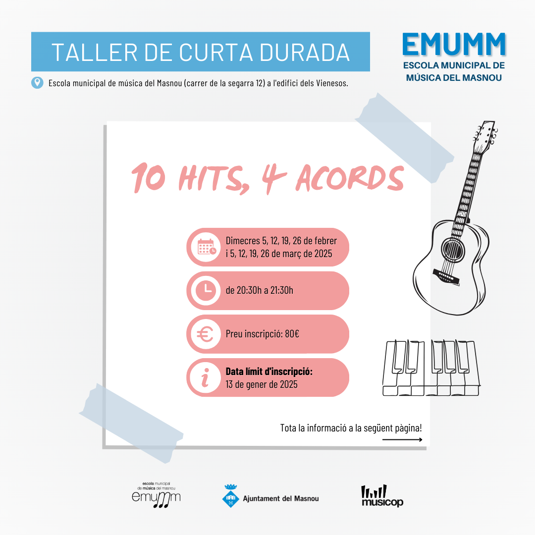 '10 Hits amb 4 acords. Taller de curta durada (guitarra,  ukelele, baix i piano)'