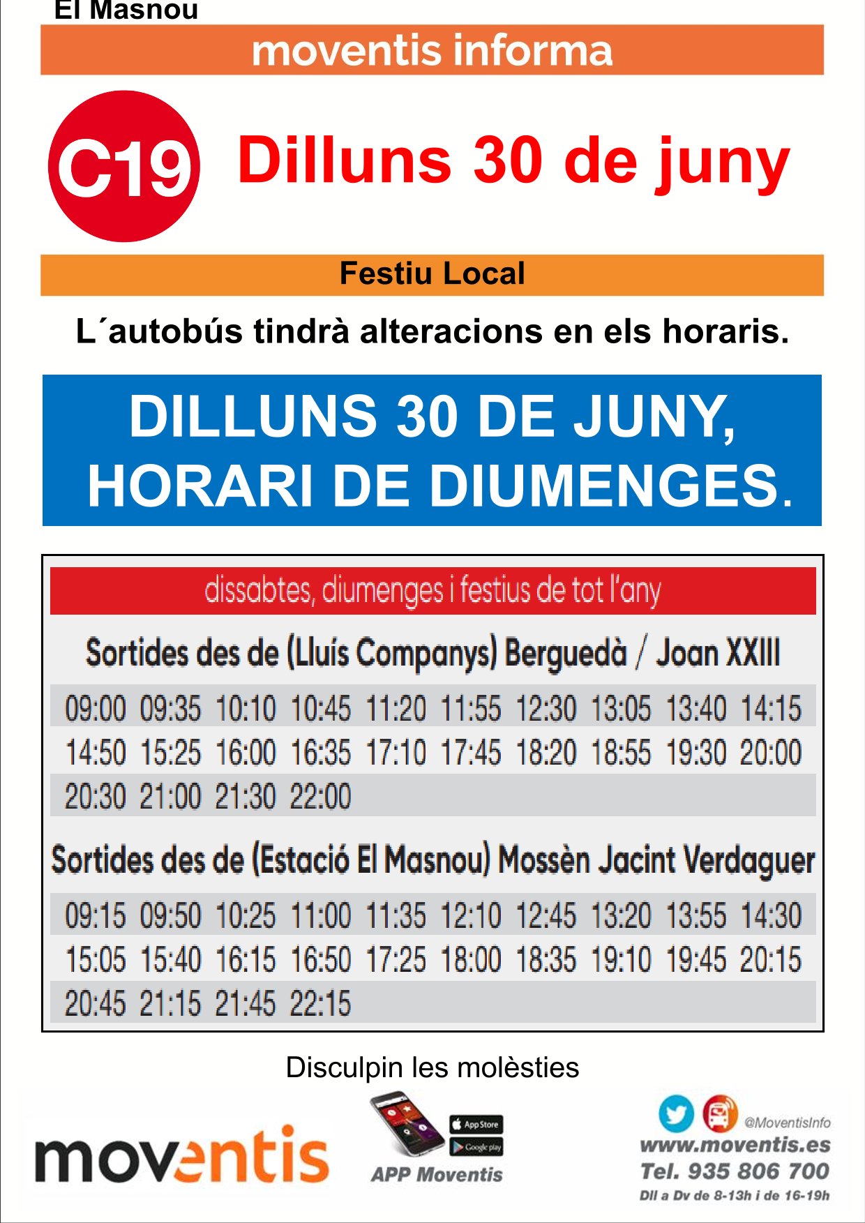 Avís. Horaris bus C19 el 30 de juny.