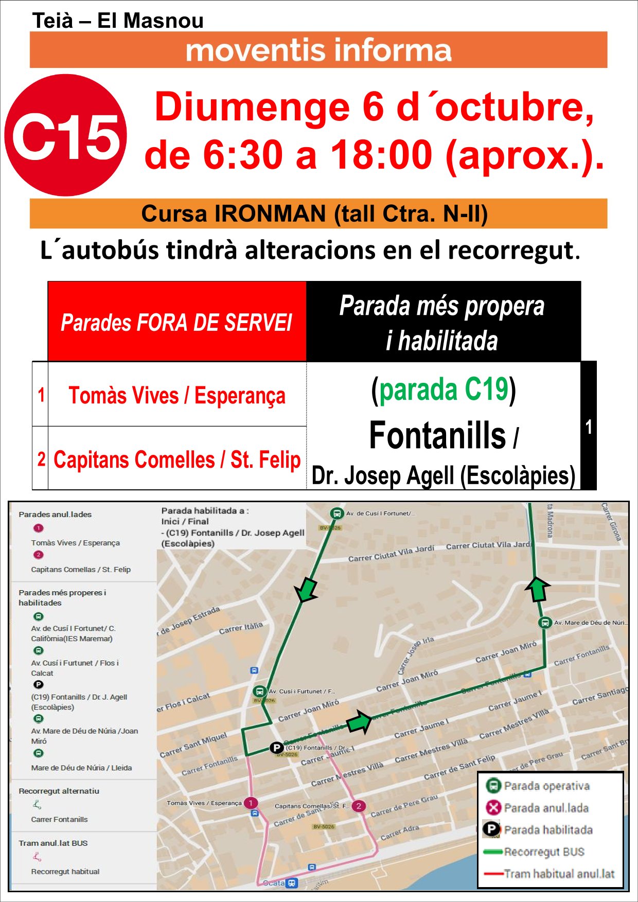 Imatge del cartell d'afectacions a la línia d'autobús C15