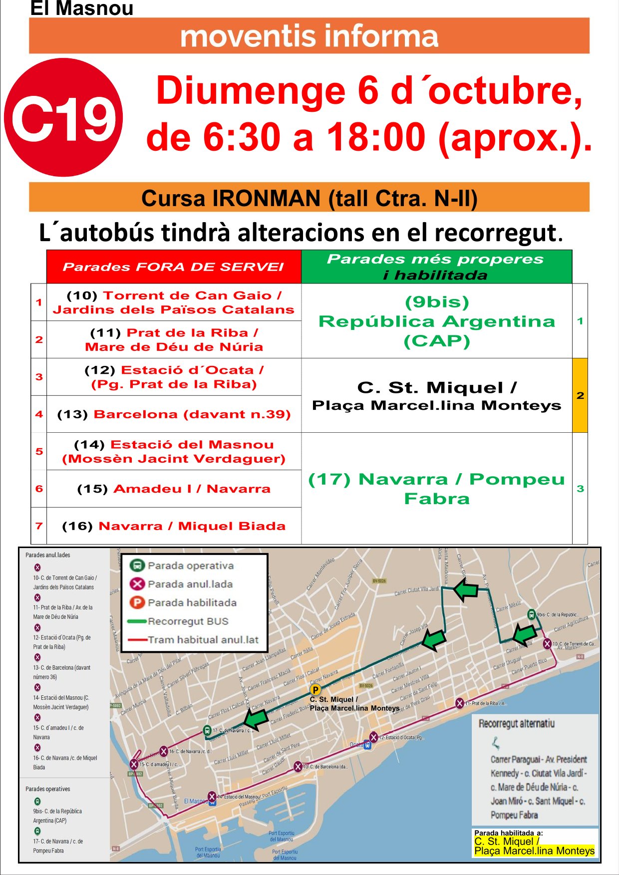 Imatge del cartell d'afectacions a la línia d'autobús C19