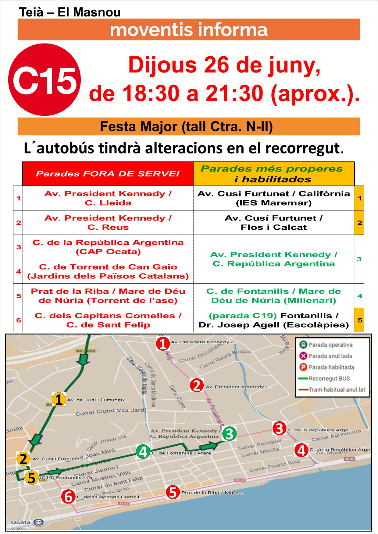 Av&iacute;s desviaci&oacute; bus C15 i parades alternatives