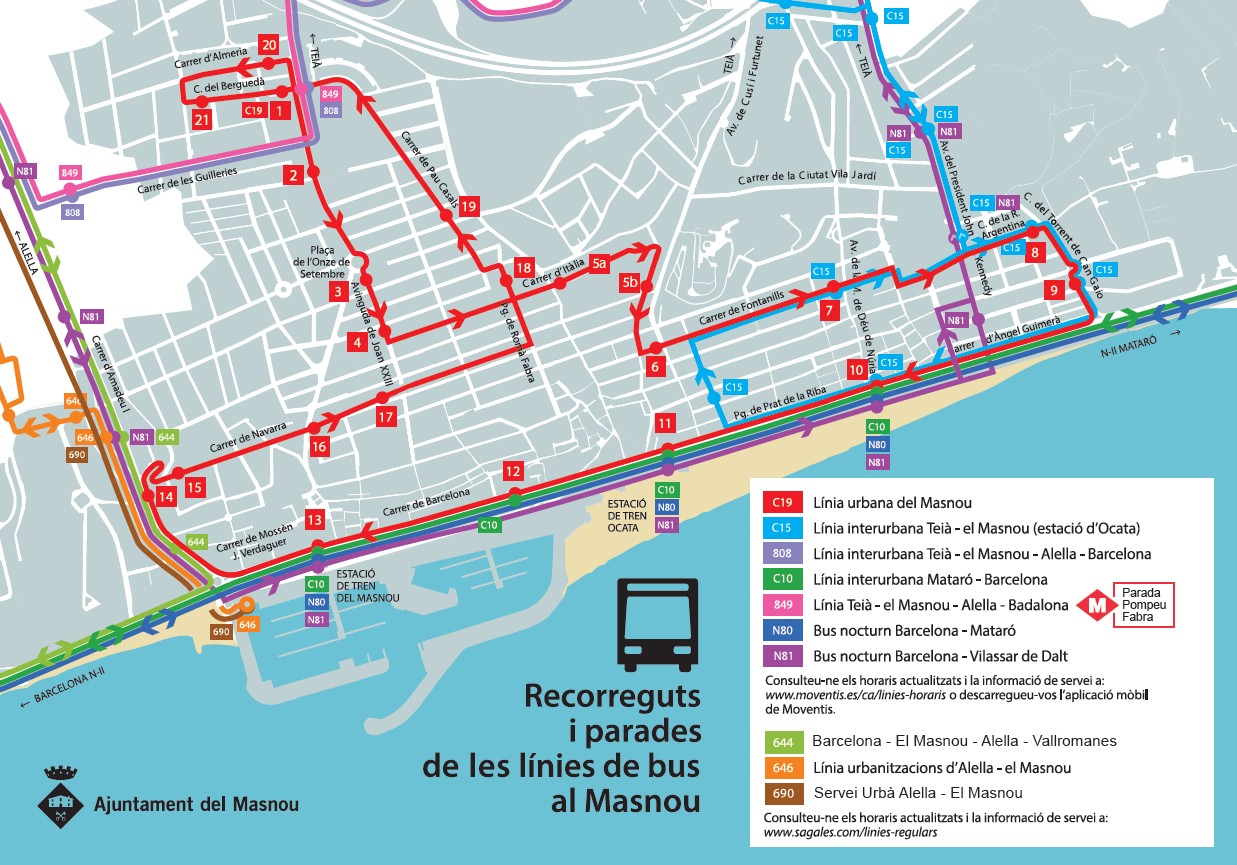 Mapa del recorregut de les línies d'autobús al Masnou.