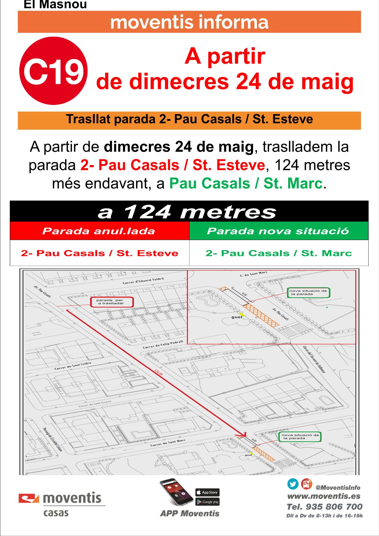 Avís. Trasllat de la parada del c. de Pau Casals (bus urbà, línia C19)