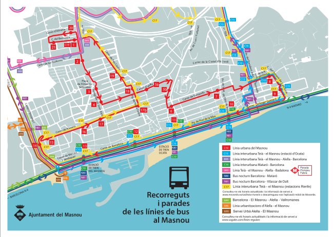 Mapa del recorregut de les l&iacute;nies d'autob&uacute;s al Masnou.